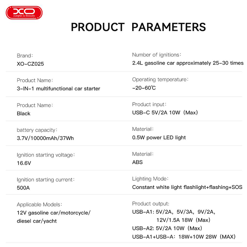 XO Power Bank/Car Jump Starter 10000mAh, 1000A + φακός, μαύρο – CZ025 - Image 7