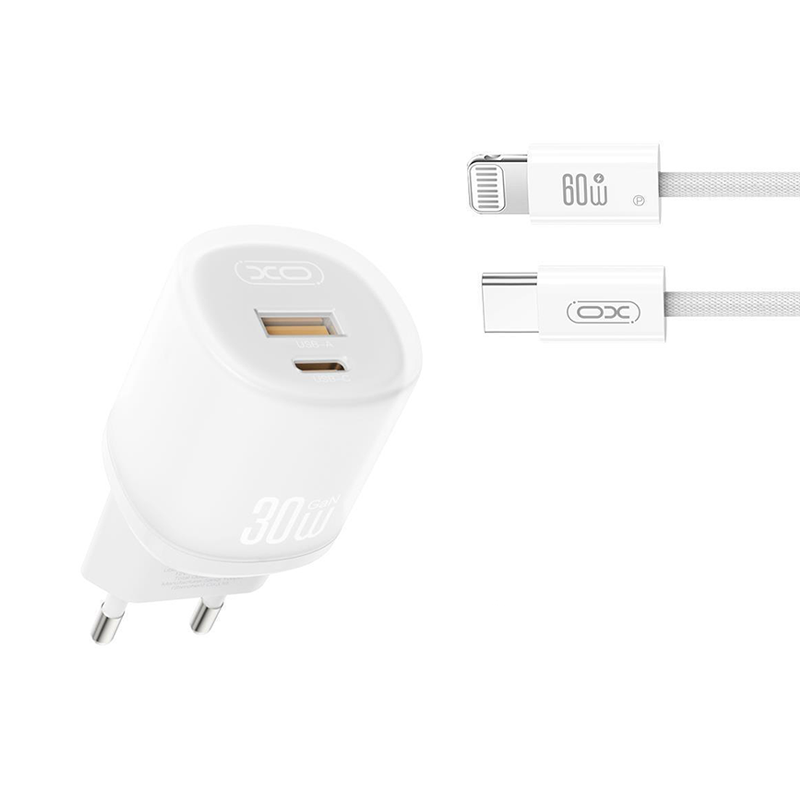 XO 220V 30W, USB-A + USB-C + καλώδιο Type-C – Lightning, L151 λευκό