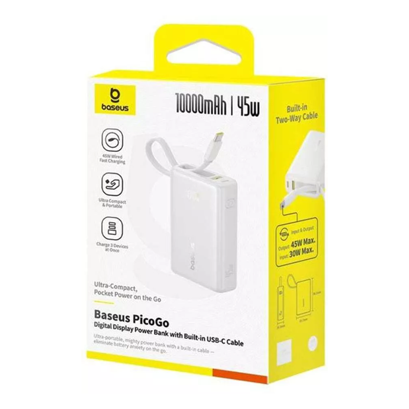 BASEUS Power Bank 10000mAh, 45W με ενσωματωμένο καλώδιο USB-C, PicoGo λευκό – P10076803213-00 - Image 2