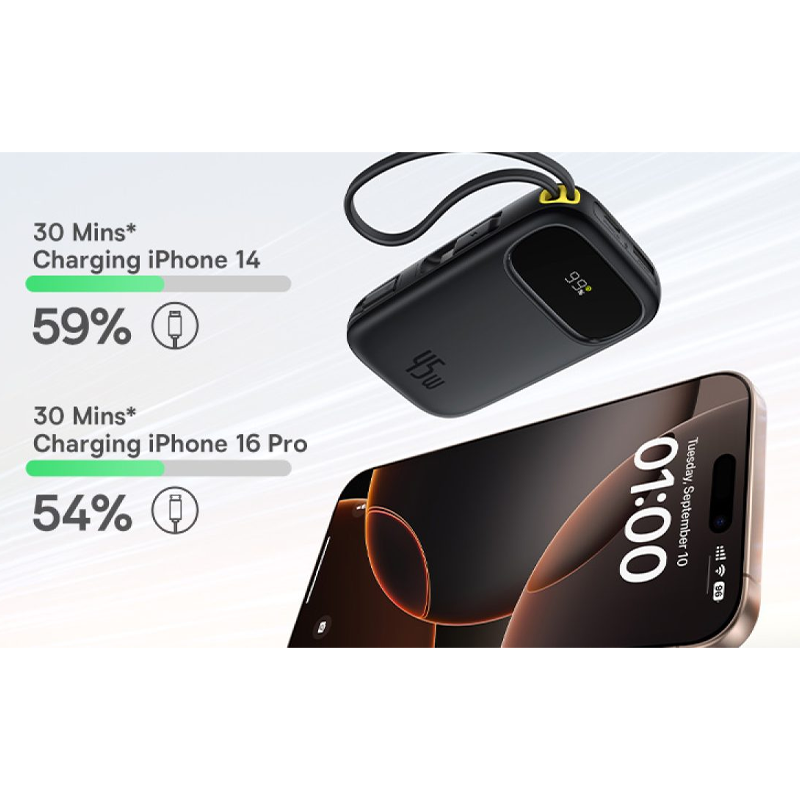 BASEUS Power Bank 10000mAh, 45W με ενσωματωμένα καλώδια USB-C & Lightning, EnerFill FC31 Qpow 3 Μαύρο – E0028C00 - Image 6