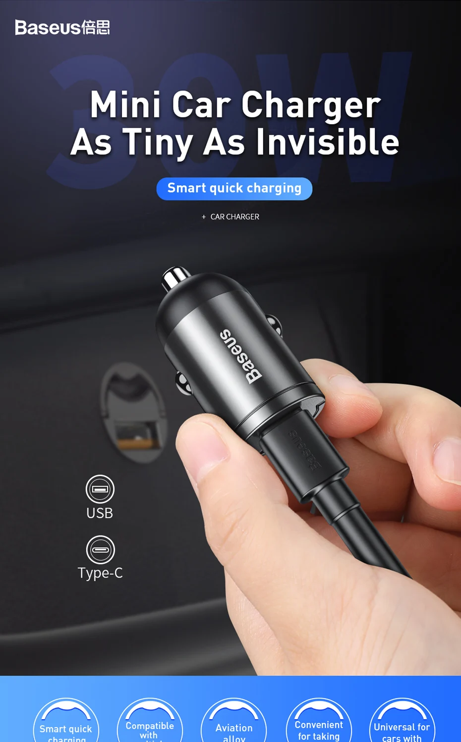 Baseus Mini Tiny Star 2x USB-C PD φορτιστής αυτοκινήτου 1x USB-C – USB-C θύρα 30W μαύρος - Image 6