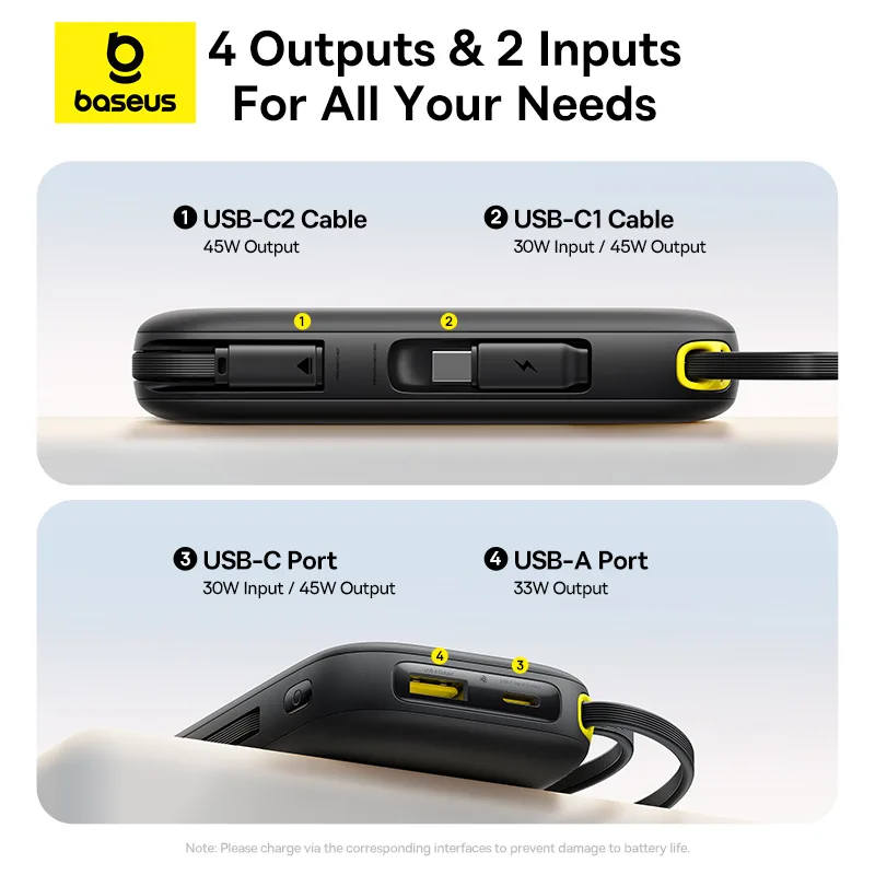 BASEUS Power Bank 10000mAh, 45W με ενσωματωμένα καλώδια USB-C & Lightning, EnerFill FC31 Qpow 3 Μαύρο – E0028C00 - Image 4